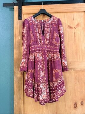 Free People Floral Tiered Long-Sleeve Dress in Plum